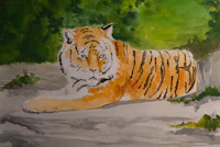 a watercolor painting of a tiger resting on the ground