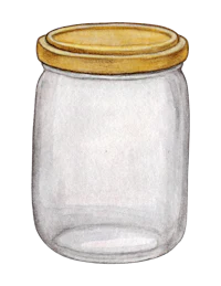 a watercolor illustration of a glass jar with a gold lid