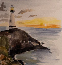 a watercolor painting of a lighthouse at sunset