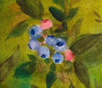 a watercolor painting of blueberries on a green background