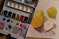 a watercolor painting of pears on a table