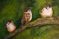 a painting of three birds sitting on a branch