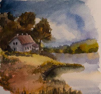a watercolor painting of a house near a lake