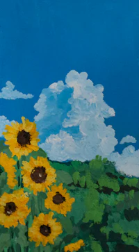 a painting of sunflowers in a field
