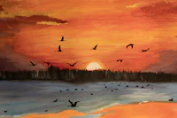 a painting of birds flying in the sky
