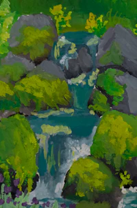 a painting of a waterfall in a green forest